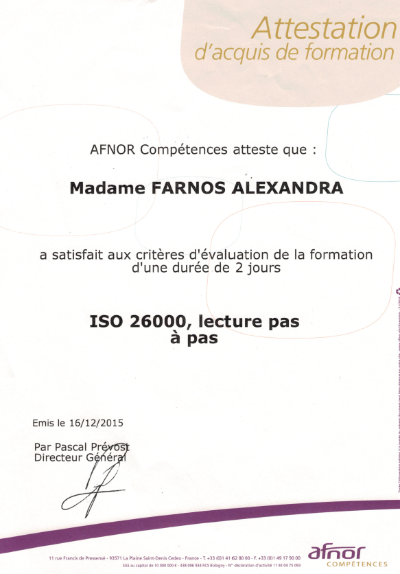 ISO26000 Attestation de formation ISO26000
